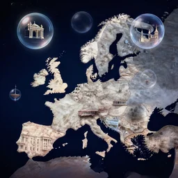 all the most important monuments in europe in small bubbles floating in the space
