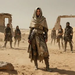 female desert stalker, lonely rider, covered head, post - apocalyptic ruins | | realistic shaded, fine details, realistic shaded lighting poster by greg rutkowski, diego gisbert llorens, magali villeneuve, artgerm, jeremy lipkin and rob rey