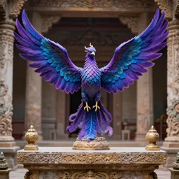 single centered purple blue pheonix bird rising up in the middle of a temple's altar, realistic, detailed,