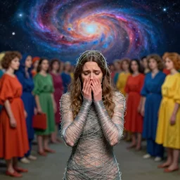 an anxious woman wrapped in wire, surrounded by a crowd of colorfully dressed people, a background of exploding nebulas, by leonara carrington