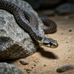 a common european viper in a granite rock, sand path, in avila mountains, european adder, viper head, 4 k, concept art, by wlop, ilya kuvshinov, artgerm, krenz cushart, greg rutkowski, pixiv. cinematic dramatic atmosphere, sharp focus, volumetric lighting, cinematic lighting, studio quality