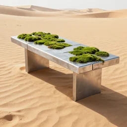 a modern table made of rectangle tetris, made of silver steel and moss, octane render, trending on artstation, on the desert