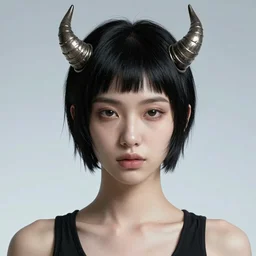 a portrait of a beautiful girl, small horns on her head, short black hair, pixie cut, cyberpunk style, futuristic, realism, wide shot, dramatic lighting, digital art, 8k resolution, high detail, by Boris Vallejo, by Alina Ivanchenko, Alessio Albi and Shin JeongHo