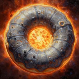 beautiful, overdetailed painting of a bulky, segmented, donut shaped space station orbiting a sun without planets