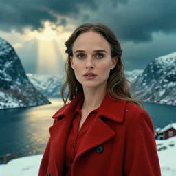 wizard, norway fjord, natalie portman, hudson river school, max rive, red coat, f 1 6, bokeh, gentle, female, snowy, storm clouds, god rays, close up portrait, d & d, fantasy, elegant, teal orange color palette, concept art, roger deakins and greg rutkowski and alphonse mucha