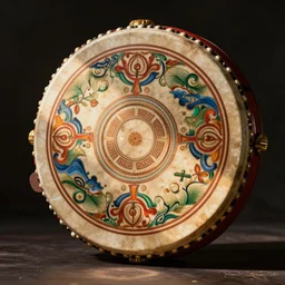 a beautiful decorated shamanic drum, beautiful colors, fantastic, christophe vacher art style