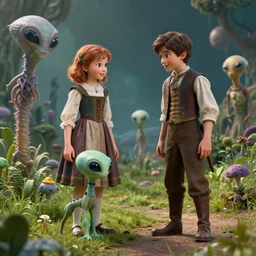 a girl and a boy standing next to some alien plants, looking happy, wearing 1860 era clothes, they are playing with their small pet alien creature, in a park on a alien planet, extremely high detailed, ultra realistic facial details, ultra photorealistic raytracing, octane, 8k