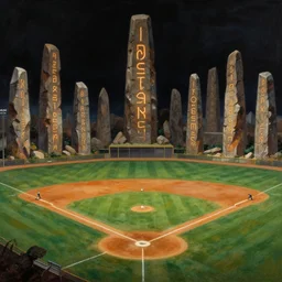 a baseball field with ancient monoliths with glowing runes. highly detailed science fiction painting by norman rockwell and syd mead. rich colors, high contrast, gloomy atmosphere, dark background.
