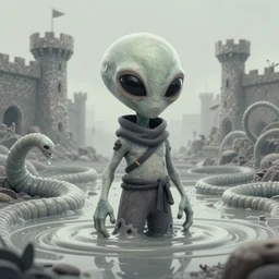 pop - wonder - nft alien - meat half - tone - art of a stoic - ninja wading through the goopy - muck and slithering about the castle side delights on a melted cheesy day in a hand - drawn vector, svg, cult - classic - comic - style