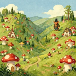 generic fairytale landscape by peyo and alexsandro palombo, filled with mushroom houses in the style of wimmelbilder, a troll creature by John Bauer