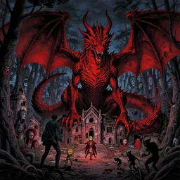 a landscape of the hell by takeshi obata and mike mignola, hell, dragons, red and black colors, colors, abandoned buildings, forest with trees with faces, small demons, shadows screaming, night sky, highly detailed, cgsociety, artstation, very detailed