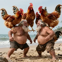 photo, two hairy fat ugly old men fight huge chickens 4 0 1 2 7 on a beach, highly detailed, scary, intricate details, volumetric lighting, front view