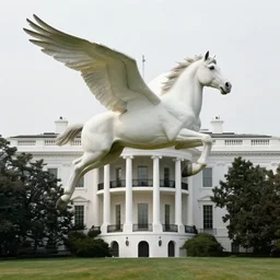 a giant horse with wings, flying over the White house
