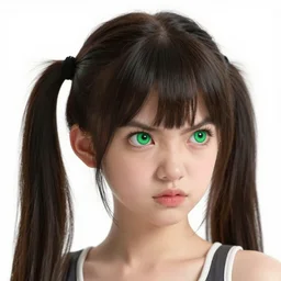 artstation young girl with green eyes and pigtails her head in fury, looking to the right, very detailed, , portrait, high contrast