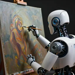 over the shoulder studio portrait photography of a robot carefully painting an oil painting. photorealistic. intricate details. 3 5 mm photograph. dramatic lighting. action shot. absolute focus. masterpiece.