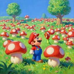 super mario lost in the mushroom fields, landscape, on oil painting by frank frazetta