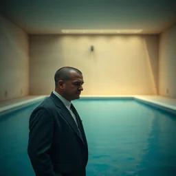 film still of shaved viktor orban dressed as pablo escobar, waiting sadly, inside an empty empty empty pool, a scene from tv series narcos narcos narcos, hd, 4 k