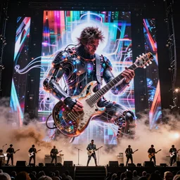 gigantic Trent Reznor smashing guitars, group of people on stage playing instruments, elaborate stage effects, dust, smoke, giant LED screens, colored projections, ultrafine detail, cybersuit, glowing thin wires, smoke, high contrast, projections, holography, volumetric lighting