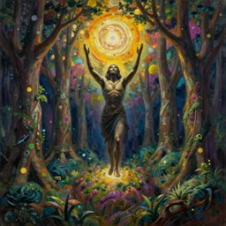 the cosmic forest god rises from the earth to give birth to a new multiverse, oil painting in the style of thomas hart benton, ar 1 6 : 9