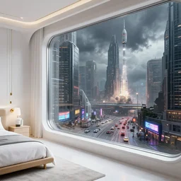 angled closeup to a corner in a futuristic confy white bedroom, with wood and gold details and a huge futuristic glass window overlooking blade runner 2 0 4 9 city architecture, space x starship rocket launch site, environmental lighting, stormy weather and alien skies, ray tracing, amazing view, highly detailed, heavy traffic, neon shops, octane render, unreal engine 5, 4 k