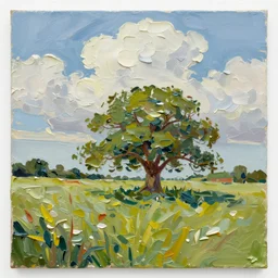 oil paint impasto relief of sussex summer field, oak tree and cumulus clouds, thick heavy expressive paint