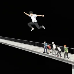 man jumping off a bridge, black background, extremely detailed, sharp focus, wide view, full body shot, smooth, digital illustration, by james jean, by rossdraws, frank franzzeta, mcbess, sakimichan, brosmind, steve simpson