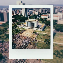 a crowd of 6 0, 0 0 0 protesting around the plateau palace, brazil, bird's eye view, polaroid, 6 0's, hyperrealism, no blur, 4 k resolution, ultra detailed
