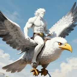 a muscular white heroic man riding a giant bird