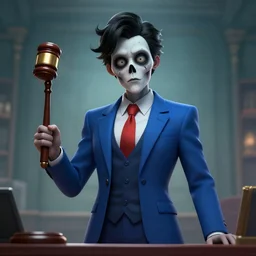 cinematic view of a dead by daylight killer lawyer wearing a blue business suit with a gavel weapon, character portrait, digital art
