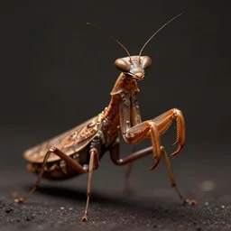 portrait of an insectoid, predatory praying mantis, brown exoskeleton, thin antennae, flat triangle - shaped head, concept art, deep focus, fantasy, intricate, highly detailed, digital painting, artstation, matte, sharp focus, illustration, art by beksinski