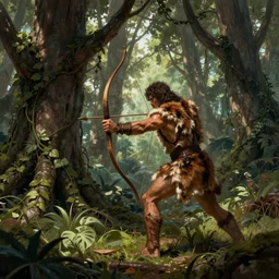 a ancient hunter creeping through woods filled with large trees and vines, holding a bow and arrow, wearing animal skin clothing, in the style of bordalo ii
