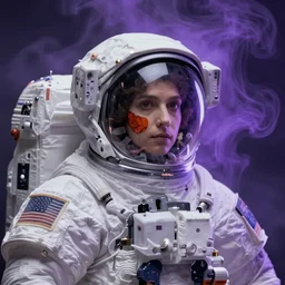 A mystical mesmerizing 8k hyperrealistic Photo Portrait of an astronaut transforming into a purple haze, soft, sharp focus, detailed, art by Greg Rutkowski and artgerm and Alphonse Mucha