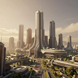 sci fi megacity made in blender, in the style of Ian hubert , high quality, lots of detail, futuristic, photoshop post process, realistic, warm lighting, warm atmosphere