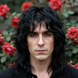 pre-raphaelite Ozzy Osbournel with dark hair and roses in the background, blurred detail, phototaken with Nikon D750