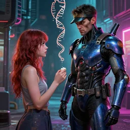 sheriff and a girl, street deal, cheap contiousness, neon, alterd carbon, mech suit, fibonacci, sweat drops, insane, intricate, highly detailed, digital painting, artstation, concept art, smooth, sharp focus, illustration, Unreal Engine 5, 8K, art by artgerm and greg rutkowski and alphonse mucha