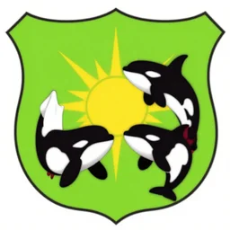 coat of arms featuring lime green, yellow, red, two killer whales, orcas, a sun in the center