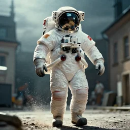a 3 5 mm photo of a enormous towering chubby american astronaut in spacesut walking in legnica, splash art, movie still, bokeh, canon 5 0 mm, cinematic lighting, dramatic, film, photography, depth of field, award - winning, backlighting, overcast, 8 k, hyper detailed, 3 5 mm film grain