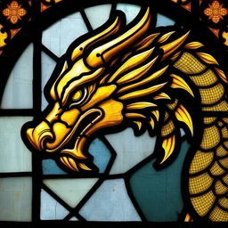 side - view portrait of the head of a golden dragon, 1 0 th century stained glass window, masterful