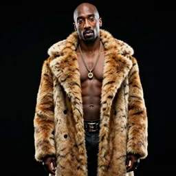 an 8 k futuristic official photograph of tupac shakur shirtless wearing a big tiger coat standing on a black background