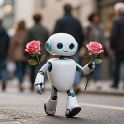 A happy smiling robot walking on the street jollily with bokeh roses in his hands, by Greg Hildebrandt, George R. R. Martin, Seanan McGuire, Brandon Sanderson, Patrick Rothfuss, J.R.R. Tolkien, Nnedi Okorafor, Andrzej Sapkowski, Robin Hobb
