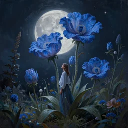 beautiful digital matter cinematic painting of whimsical botanical illustration blue flowers moon enchanted dark background, whimsical scene by greg rutkowki and alena aenami artstation