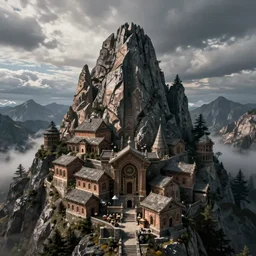 a post apocalyptic monastery at the peak of a jagged mountain, photorealistic movie still by michael komarck, greg rutkowski, victo ngai, artgerm, willem claesz heda and j. dickenson