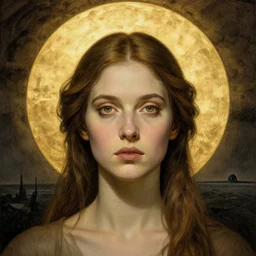 Woman masterpiece, golden halo behind her head, by Edgar Maxence and Ross Tran, Zdzisław Beksiński, and Michael Whelan, distant, gustav dore, H.R. Giger, 8k, octane render, open eyes