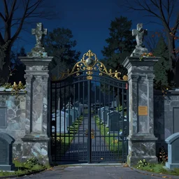 photo illustration titled in front of the cemetery gates, moody, sharp, night, exquisite, vibrant colors, symmetrical, masterpiece, cinematic, high detail, by karl kopinski, by kim jung ji