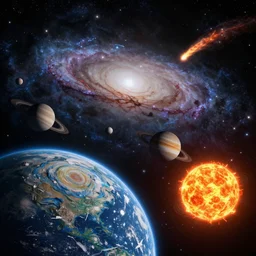 cosmic universe, milky way galaxy, earth and moon in foreground, mars, saturn, jupiter, sun, with fiery comet, high detail, realistic, unreal engine, by vincent van gogh