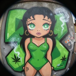 ariana grande x betty boop painting, matte paint, street art, by sachin teng x supreme : 5 marijuana, graffiti, smoke, hard edges, green, geometric shapes, fisheye lens, sexy, by sachin teng : 6