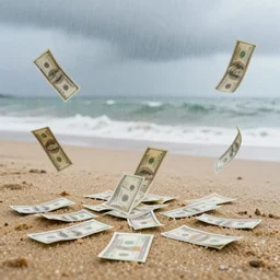 rain of dollar bills on the beach