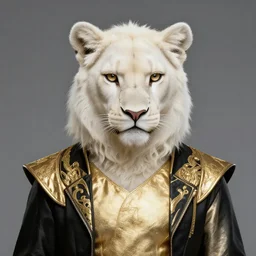 award winning beautiful portrait commission of a male furry anthro albino mountain lion with a beautiful hyperdetailed attractive outfit and face wearing a gold and black rockstar outfit singing into a microphone on a stage. Character design by charlie bowater, ross tran, and makoto shinkai, detailed, inked, western comic book art