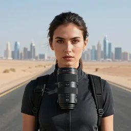 photograph of a techwear woman, closeup, on a desert road with a futuristic city in the horizon, sigma 85mm f/1.4, 4k, depth of field, high resolution, 4k, 8k, hd
