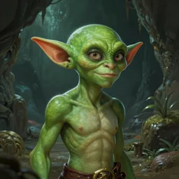 A fantasy comic book style portrait painting of a slender green goblin in a cavern setting, unreal 5, DAZ, hyperrealistic, octane render, RPG portrait, ambient light, dynamic lighting
